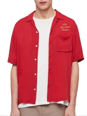 Men's All Saints Red Short-Sleeve Button-Up Shirt